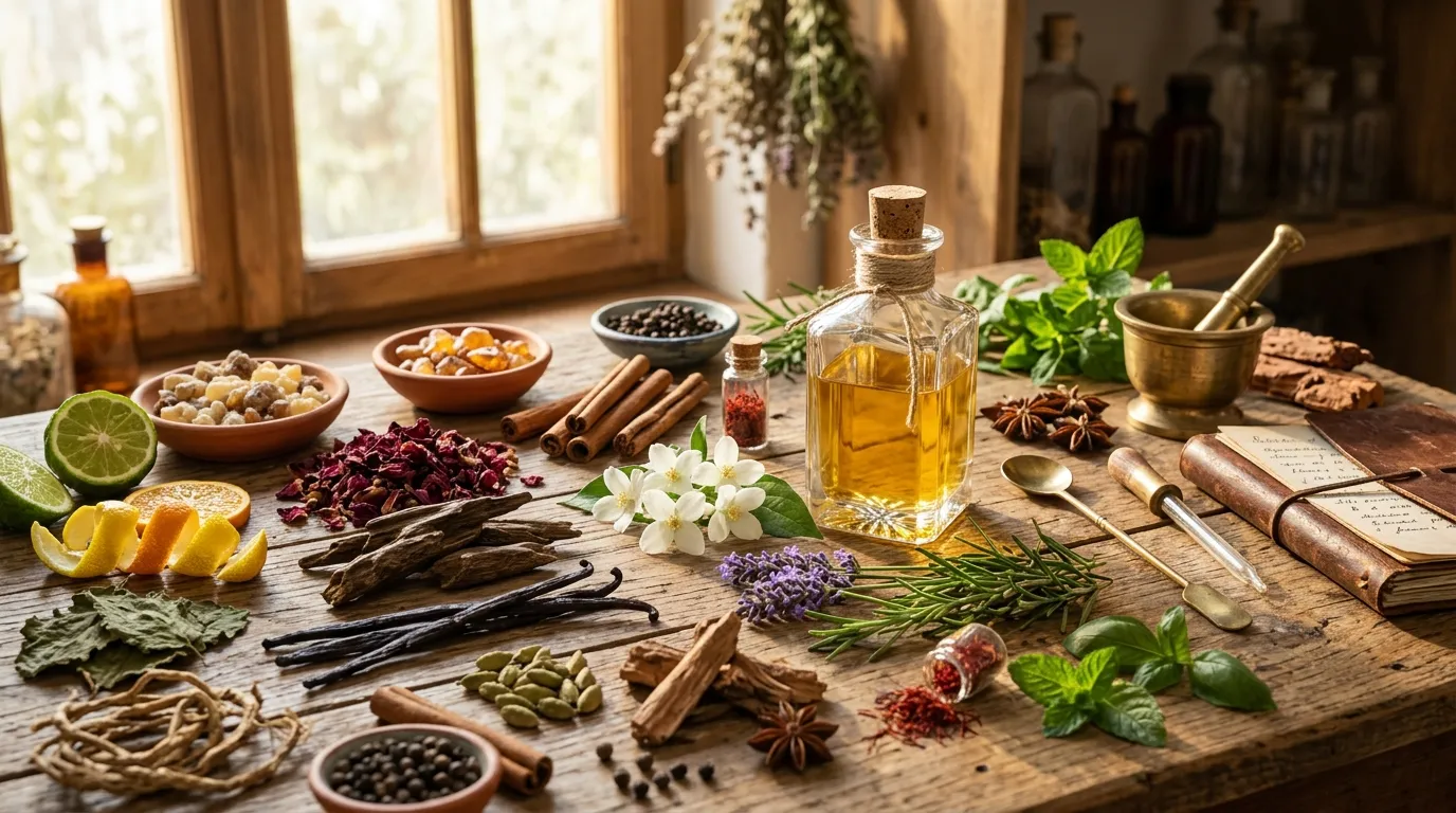 Raw perfumery ingredients — citrus, oud, resins, rose and vanilla — laid across a rustic wooden table