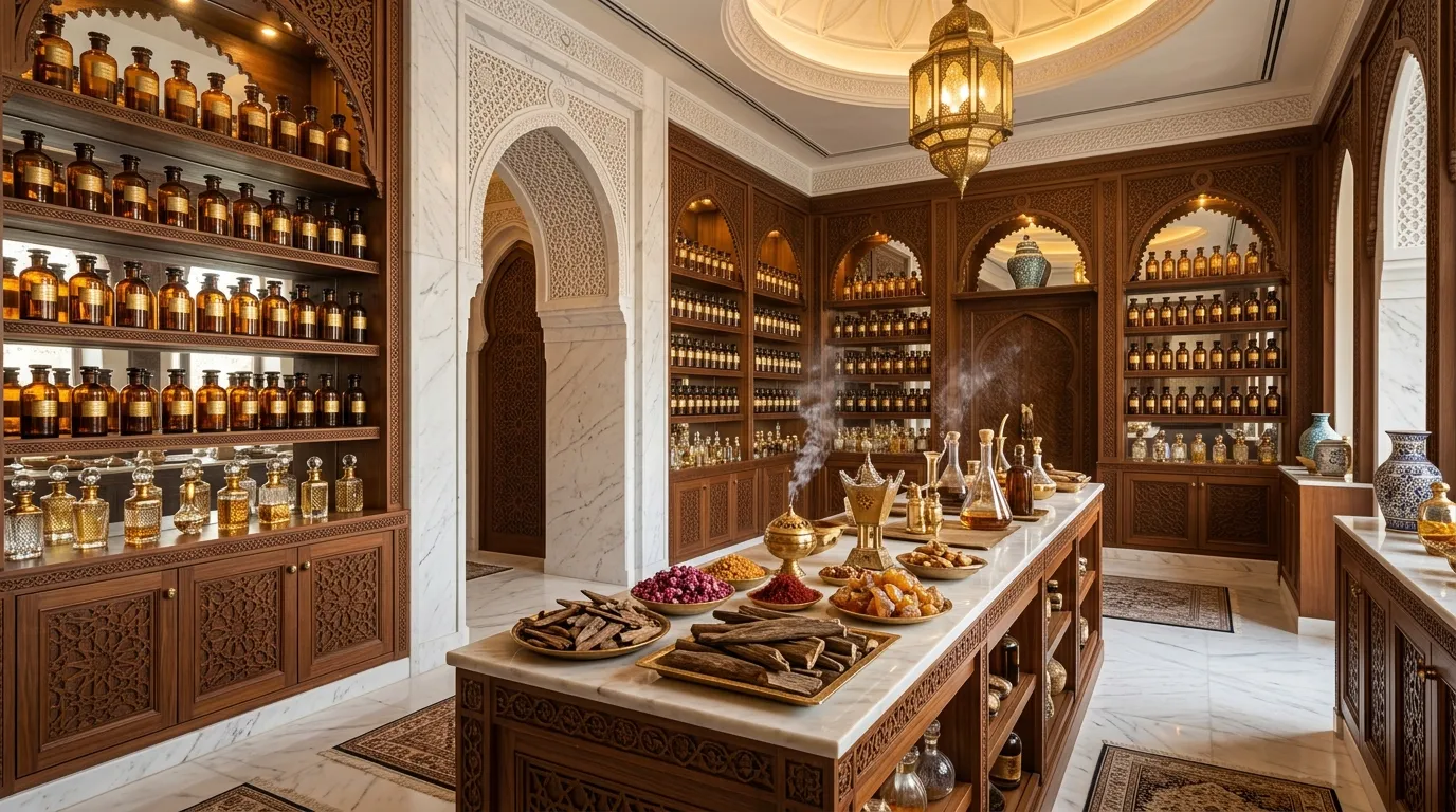 A luxury Arabian perfume boutique with amber bottles and oud arrayed on carved wooden shelves